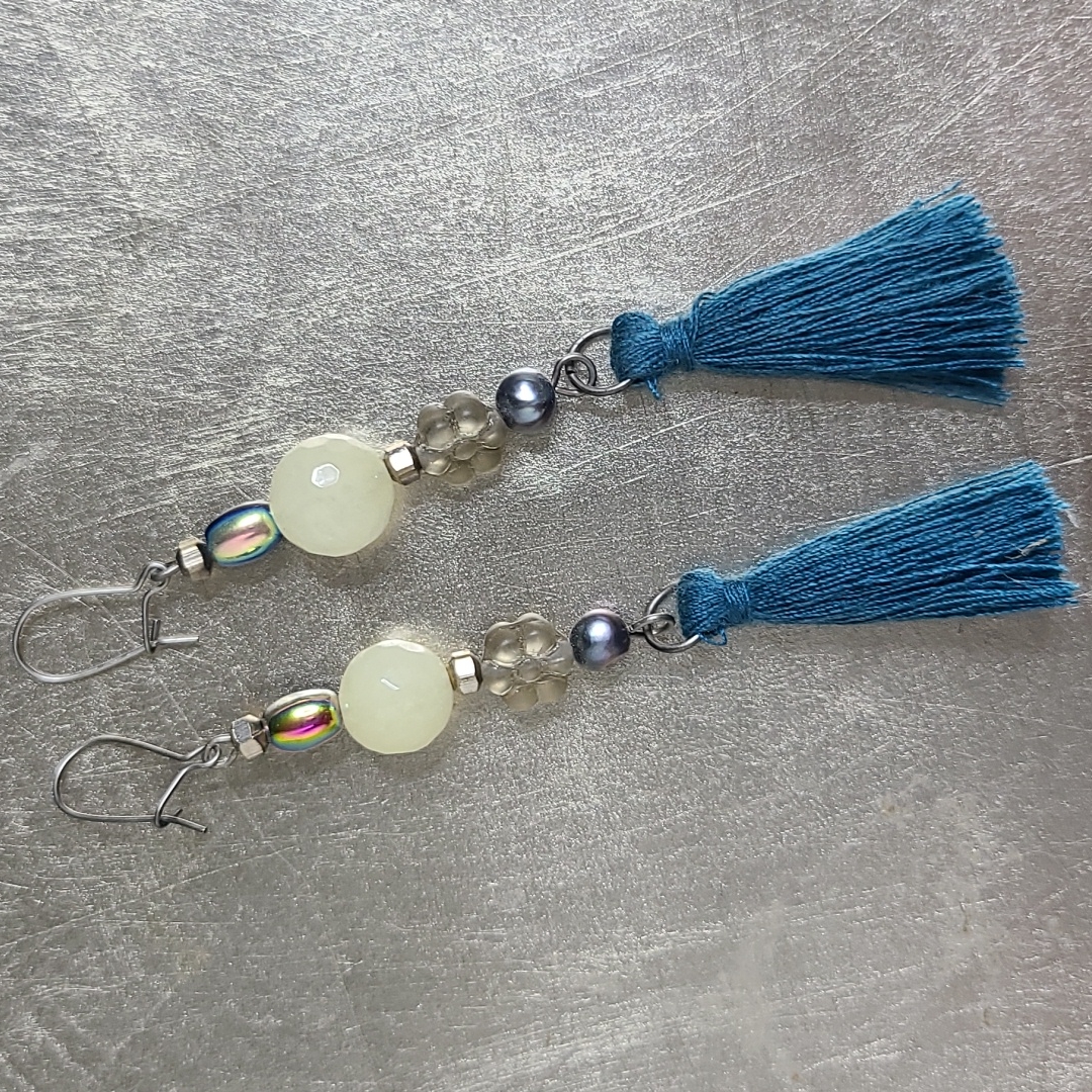 Earrings Teal Green Tassel Handmade Brand New Lightweight Eclectic Unique Gift
